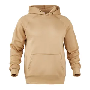 Front view detail of men's casual khaki fleece hoodie with pocket for autumn winter