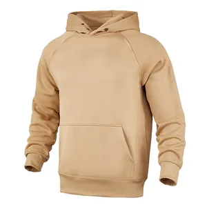 Front view showing the details of the khaki men's fleece hoodie with a kangaroo pocket