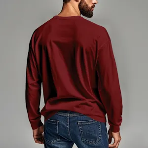Close-up of the back of a burgundy long-sleeved t-shirt showing slim fit silhouette.