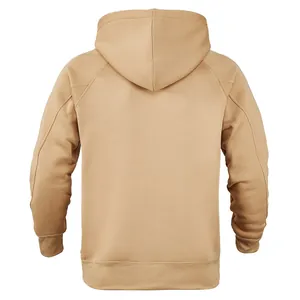 Detailed back view of a men's premium khaki fleece-lined hooded sweatshirt for winter