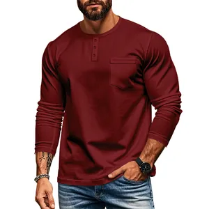 Close-up detail of a burgundy men's slim fit Henley long-sleeve T-shirt with a chest pocket