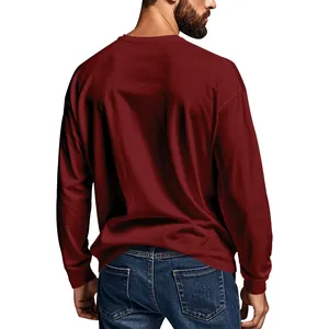 Rear detailed view of a men's slim fit burgundy long sleeve crew neck casual T-shirt