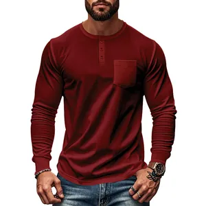 Men's premium slim fit long sleeve henley t-shirt in dark red with a chest pocket