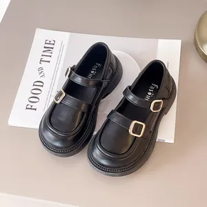 Classic black Mary Jane shoes for girls with double gold buckle straps