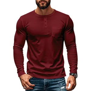 Close-up of men's slim fit long sleeve henley shirt with chest pocket in burgundy