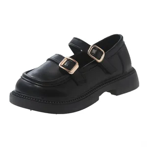 Classic black British style girls Mary Jane leather shoes with elegant double gold buckles.
