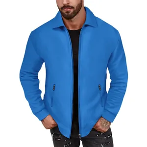 Veste décontractée bleue en maille gaufrée à manches longues et fermeture éclair pour homme.