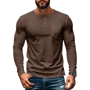 Detailed close-up view of a brown men's slim fit long sleeve henley shirt with pocket