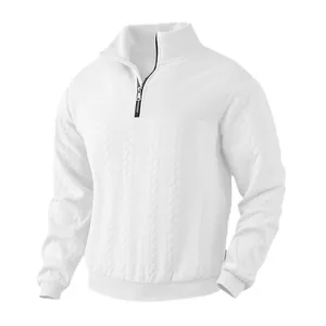 Men's retro white half-zip sweatshirt with stand collar and textured cable knit pattern