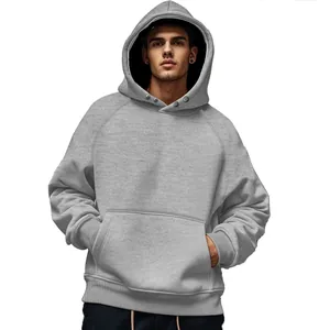 Detail view of grey fleece hooded sweatshirt with front kangaroo pocket for men's wear