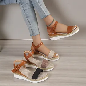 Wedge sandals for women featuring thick white soles and ankle straps in multiple colors.