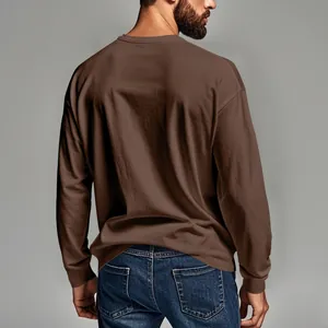 Detailed back view of a men's brown long sleeve crewneck t-shirt with cotton texture