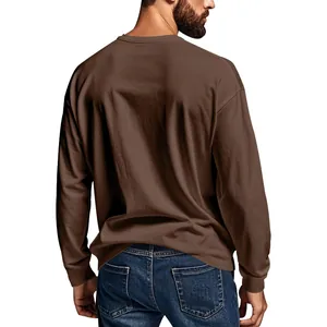 Detailed back view of men's casual brown long-sleeved crew neck t-shirt in a slim fit.