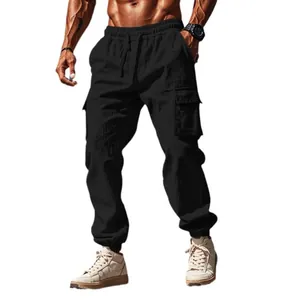 Men's black cotton linen cargo pants with drawstring and multi-pockets for summer