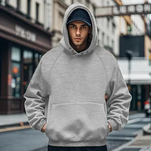 Detailed view of a grey fleece-lined men's hoodie with buttoned neck and pocket