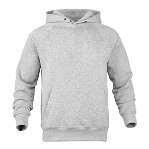 Front view of a classic gray men's fleece hoodie with a pocket and neck snaps