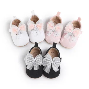 Cute baby pre-walker shoes for 0-1 year old in pink white and black with large bows