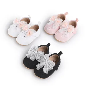 Infant baby walker shoes with floral embroidery and lace bows in multiple colors
