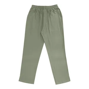 Detailed back view of men's loose breathable linen casual trousers in sage green finish