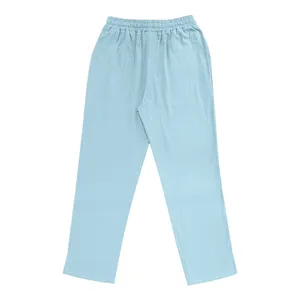 Full view of light blue men's breathable cotton linen casual straight leg trousers