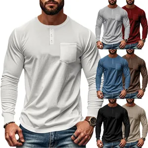 Men's slim fit long sleeve Henley T-shirt with chest pocket available in multiple colors
