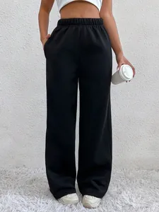 Zwarte dames joggingbroek met hoge taille en fleecevoering, relaxte pasvorm met zakken
