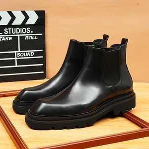 Heren Echt Leren Chelsea Boots Vierkante Neus Hoogteverhogend Platform Britse Stijl Zakelijke Enkellaarsjes