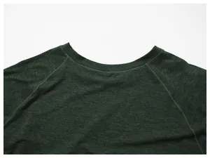 Close-up of neckline on mens dark green quick dry raglan sleeve sport shirt