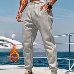 Men Fleece Lined Joggers Solid Color Casual Sweatpants For Outdoor Sports Winter Thermal Knitted Drawstring Bottom Pants