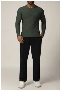 T-shirt Henley homme à manches longues vert foncé pour entraînement et style décontracté