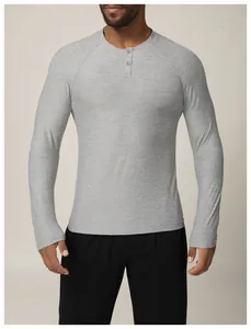 T-shirt Henley gris à manches longues pour hommes pour le fitness et la course