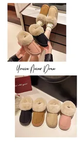 Vue détaillée de chaussons d'hiver en peluche en noir, marron, beige et rose.