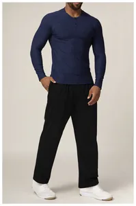 T-shirt de sport pour hommes bleu marine à manches longues avec décolleté boutonné