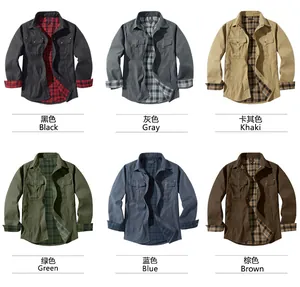 Men's retro western style flannel jackets in six classic solid colors with plaid lining.
