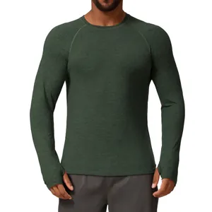 Men's dark green quick-drying long-sleeved sports shirt for running and fitness