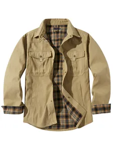 Vintage Western-style men's khaki jacket with plaid flannel lining and flap pockets