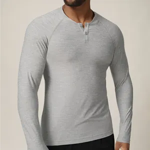 T-Shirt de Sport à Manches Longues pour Hommes Séchage Rapide Col Henley Manches Raglan Haut Chiné Coupe Ajustée Gym Course Fitness Training