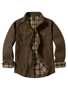Men's brown vintage Western style jacket with plaid flannel lining and lapel collar