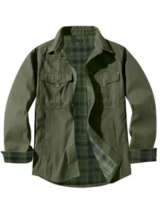 Rugged men's western style flannel-lined casual canvas jacket in olive green color