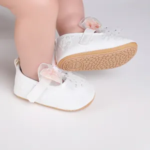 Close-up of white lace baby walking shoes with anti-slip sole detail