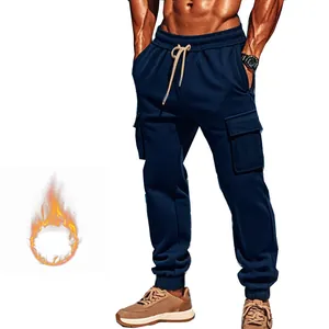 Detail view of navy blue fleece-lined cargo sweatpants for men with multiple pockets
