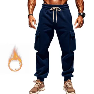 Men's fleece-lined cargo joggers with multi-pockets and drawstring waist for winter