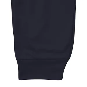 Close-up of navy blue joggers cuff showing elastic fabric texture