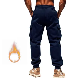 Back view of navy men's fleece-lined cargo pants showing pockets and warmth icon