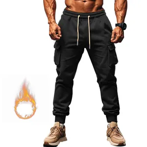 Close-up of men's black fleece-lined cargo pants with functional side pockets
