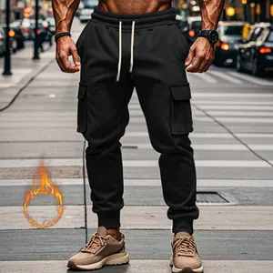Visual of men's black fleece-lined cargo sweatpants with drawstring and side pockets