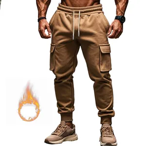Detailed view of men's thermal fleece cargo sweatpants featuring a warmth indicator icon
