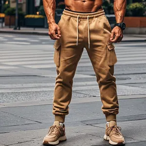 Premium men's khaki fleece-lined cargo joggers featuring multi-pockets and drawstring waist