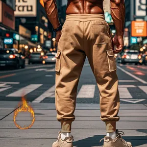 Back view of men's khaki fleece-lined cargo pants with multi-pockets in urban street