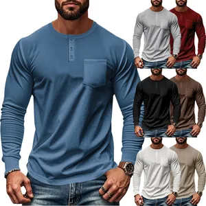 Men's Henley Neck Long Sleeve T-Shirt Slim Fit Polyester Casual Breathable Solid Color Top With Chest Pocket